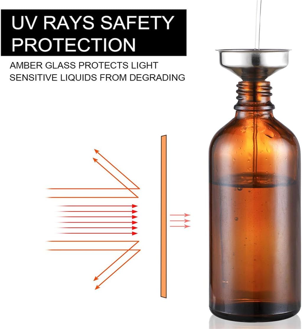 Amber Glass Spray Bottles 50ml, 5 Pack with Funnel and Labels