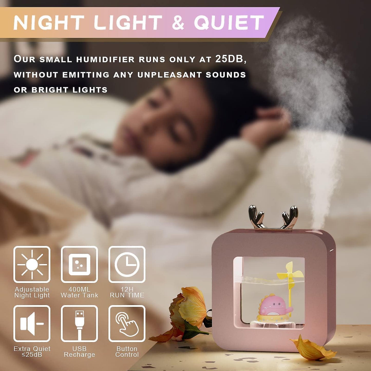 Cool Mist Humidifier 400ml with Night Light, Bedroom Diffuser