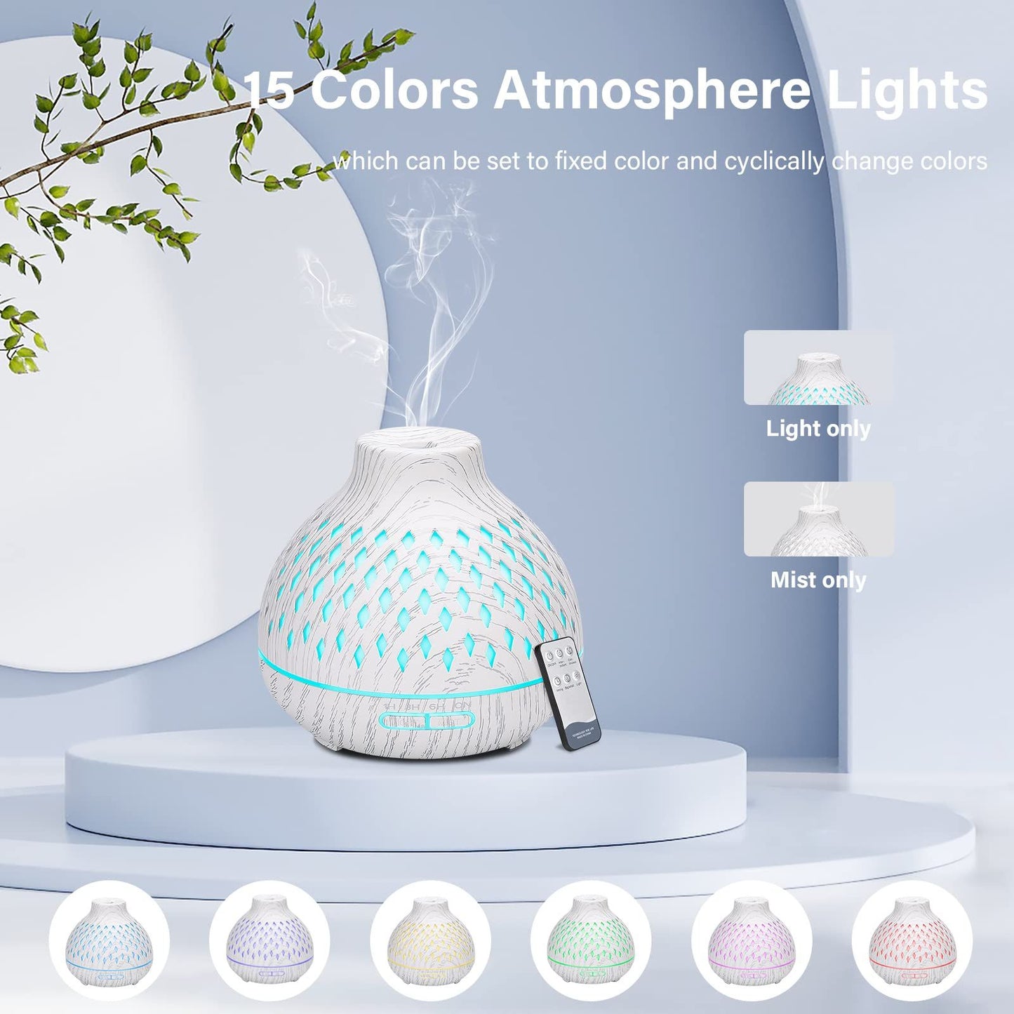 Wood Grain Aroma Diffuser 400ml with Timer and 7 Colour Light, White
