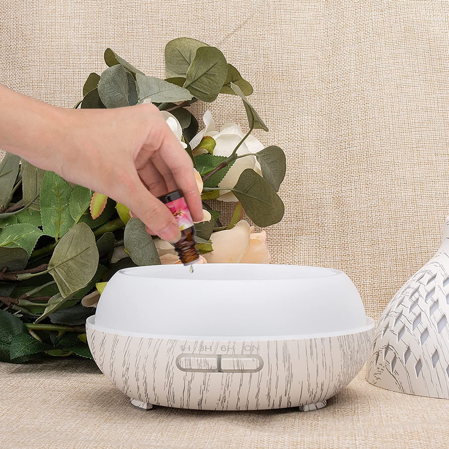 Wood Grain Aroma Diffuser 400ml with Timer and 7 Colour Light, White