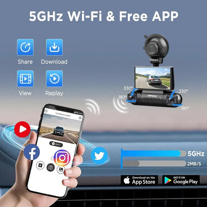 4K 360 Degree Dual Dash Cam with 5G WiFi and GPS, Black, Night Vision