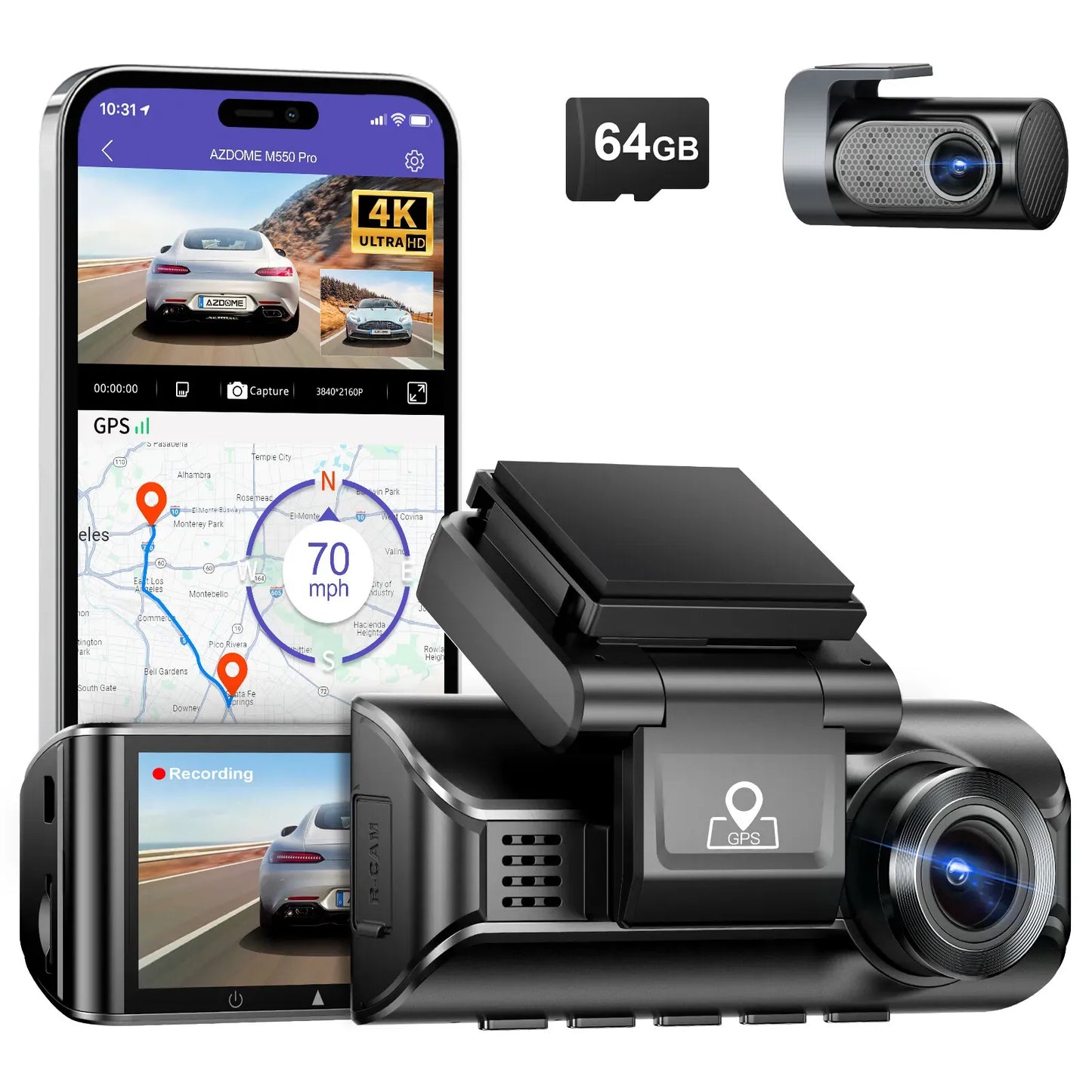 3.19 Inch Black IPS Dual Dash Cam, 4K and 1080P, 5G WiFi, GPS, Free 64GB Card