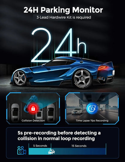 3.19 Inch Black IPS Dual Dash Cam, 4K and 1080P, 5G WiFi, GPS, Free 64GB Card