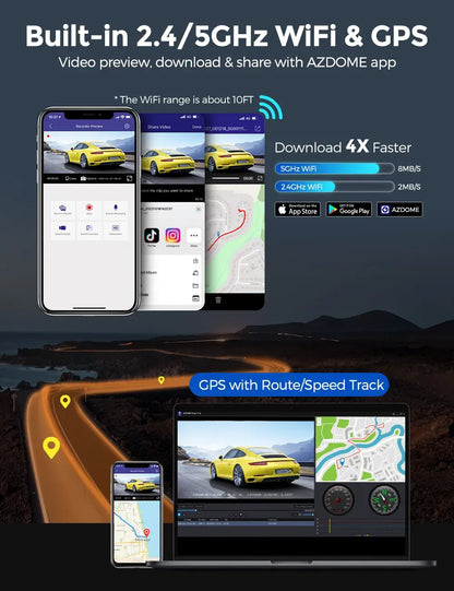 3.19 Inch Black IPS Dual Dash Cam, 4K and 1080P, 5G WiFi, GPS, Free 64GB Card