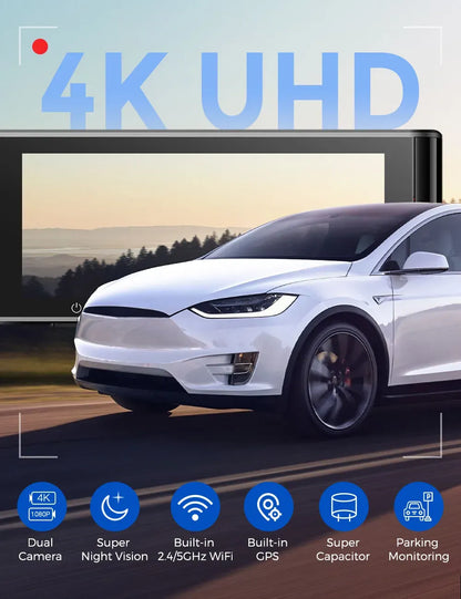 3.19 Inch Black IPS Dual Dash Cam, 4K and 1080P, 5G WiFi, GPS, Free 64GB Card
