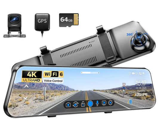 12 Inch Black Rear View Mirror Dash Cam, 4K Front and 1080P Rear, GPS, WiFi 6