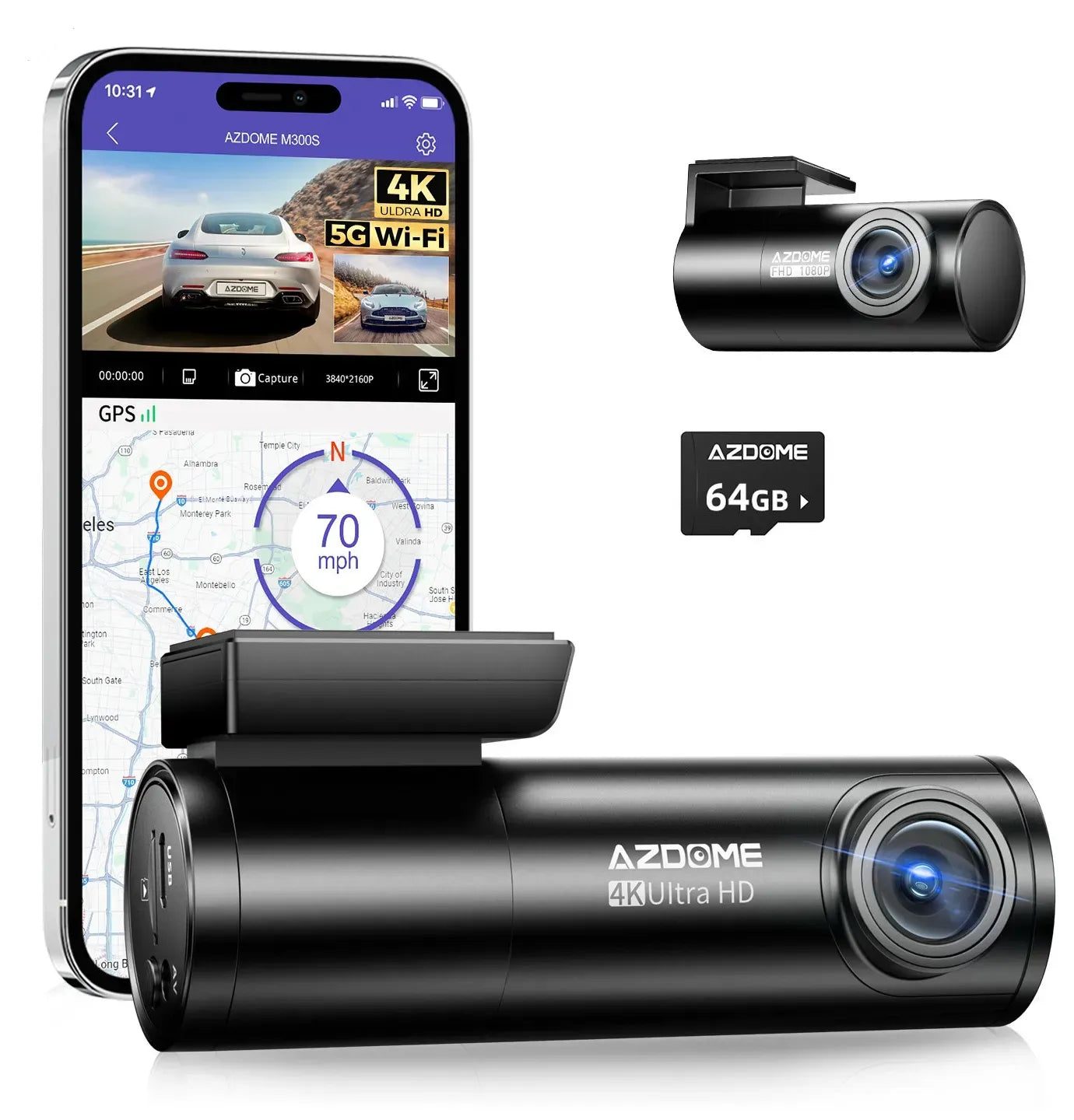 4K Black Dash Cam, 5.8GHz WiFi, GPS, Front and Rear, 24 Hour Parking, 64GB