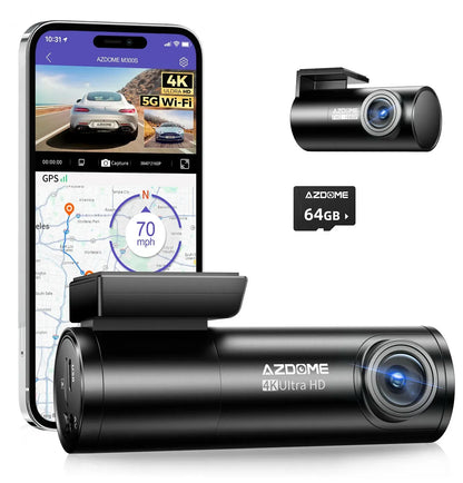 4K Black Dash Cam, 5.8GHz WiFi, GPS, Front and Rear, 24 Hour Parking, 64GB
