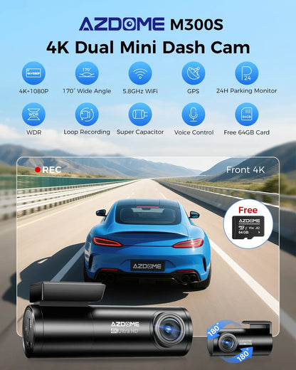 4K Black Dash Cam, 5.8GHz WiFi, GPS, Front and Rear, 24 Hour Parking, 64GB