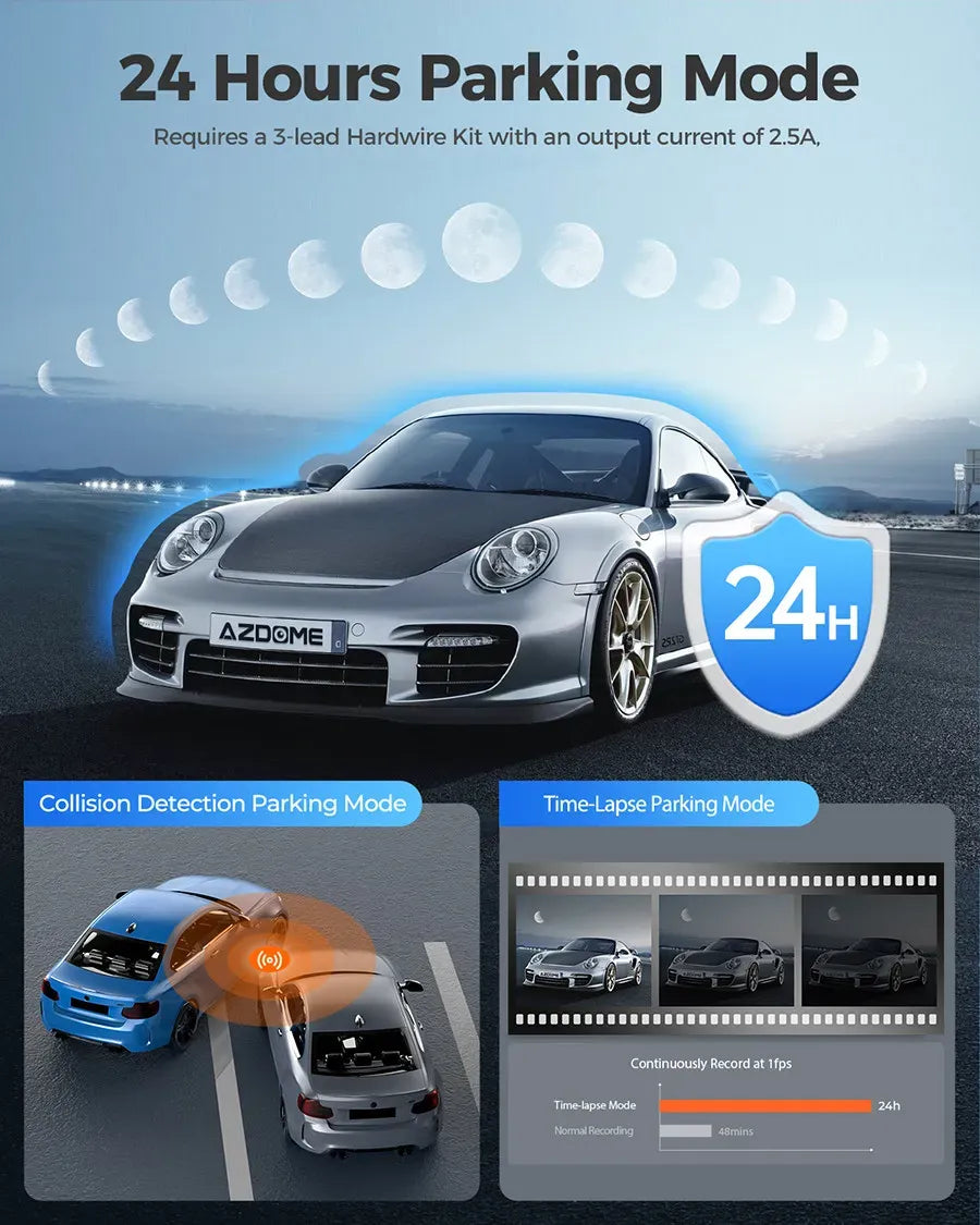 4K Black Dash Cam, 5.8GHz WiFi, GPS, Front and Rear, 24 Hour Parking, 64GB