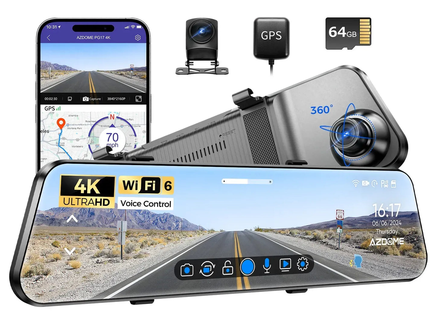 12 Inch Black Rear View Mirror Dash Cam, 4K and 1080P, WiFi 6, GPS, 64GB