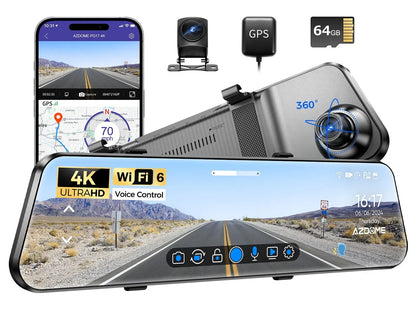 12 Inch Black Rear View Mirror Dash Cam, 4K and 1080P, WiFi 6, GPS, 64GB