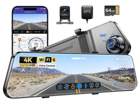 12 Inch Black Rear View Mirror Dash Cam, 4K and 1080P, WiFi 6, GPS, 64GB