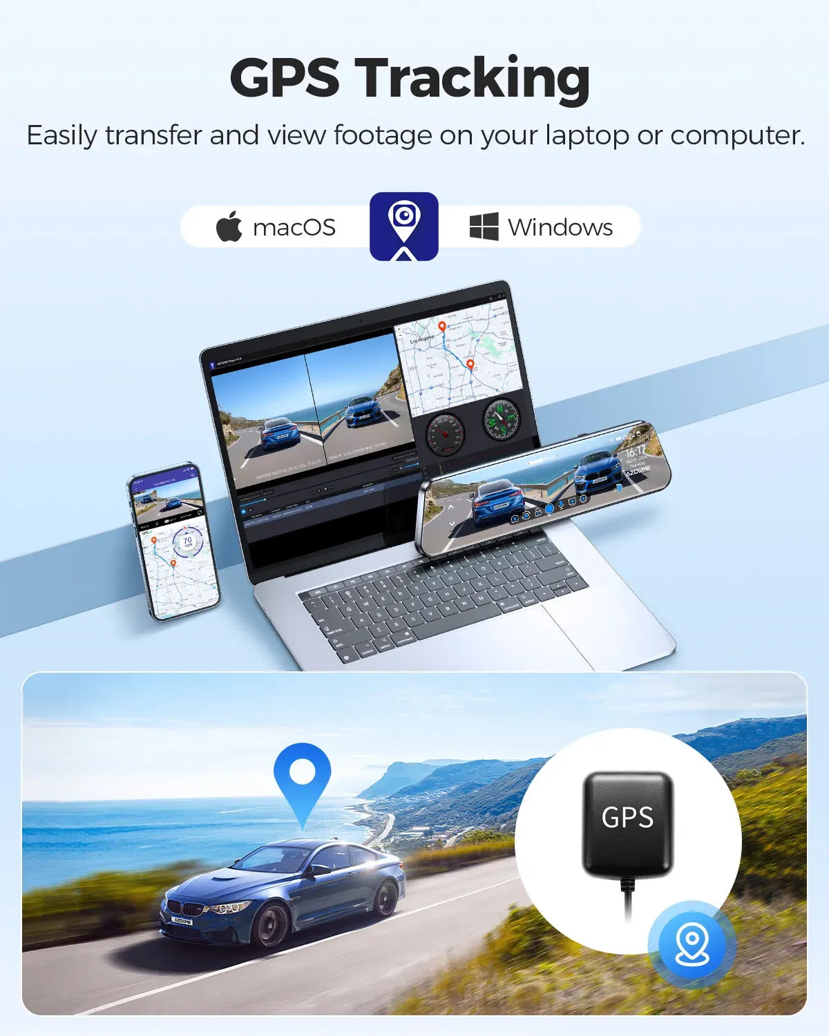 12 Inch Black Rear View Mirror Dash Cam, 4K and 1080P, WiFi 6, GPS, 64GB