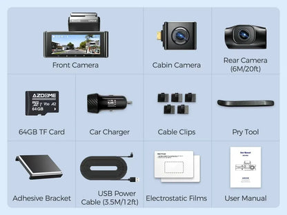 3 Channel Dash Cam in Black with WiFi, GPS, 4K+1080P+2.5K, 64GB Card, Parking Mode
