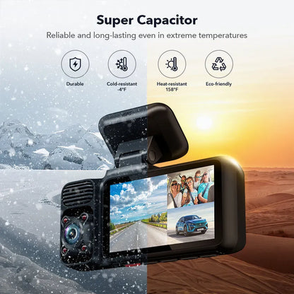4K 3 Channel Dash Cam with 5G WiFi, Front, Rear, and Inside Recording, Free 64GB SD Card