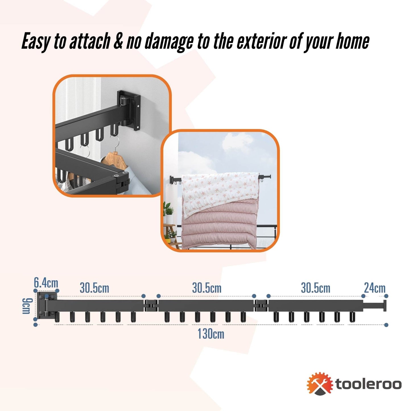 Tooleroo Tri-Fold Wall-Mount Drying Rack – Space-Saving Clothes Hanger (130cm)