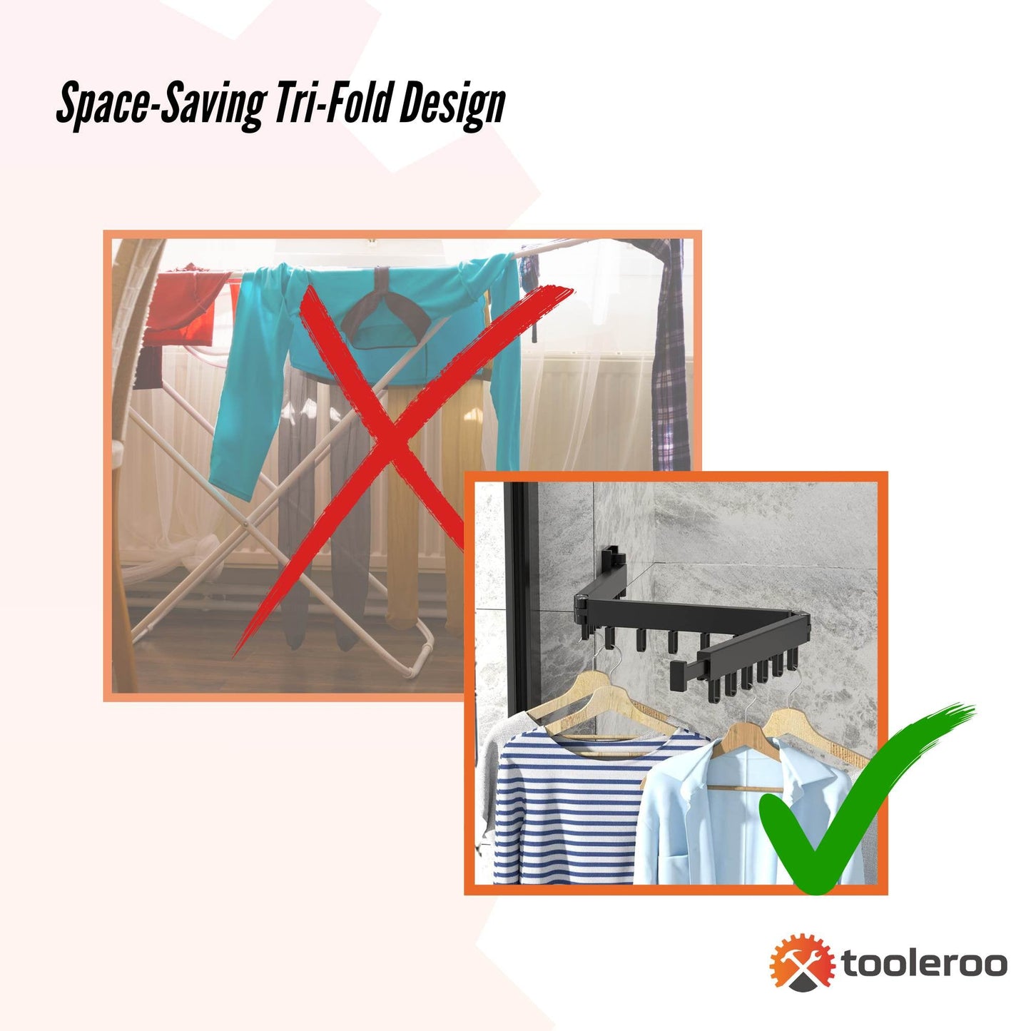 Tooleroo Tri-Fold Wall-Mount Drying Rack – Space-Saving Clothes Hanger (130cm)