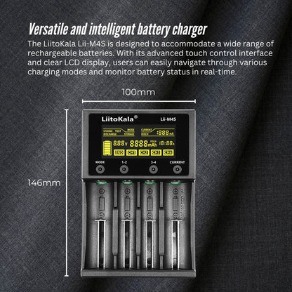 LiitoKala Lii-M4S Smart Battery Charger – 4-Slot Touch Control with USB Output