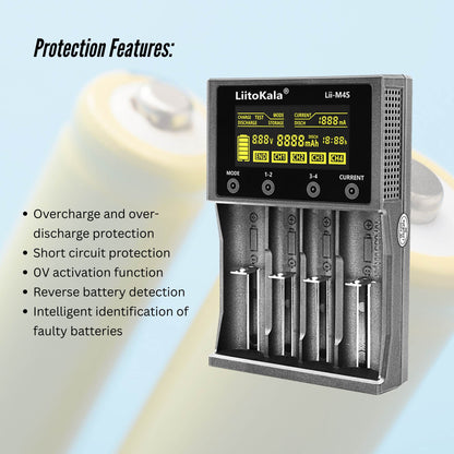 LiitoKala Lii-M4S Smart Battery Charger – 4-Slot Touch Control with USB Output