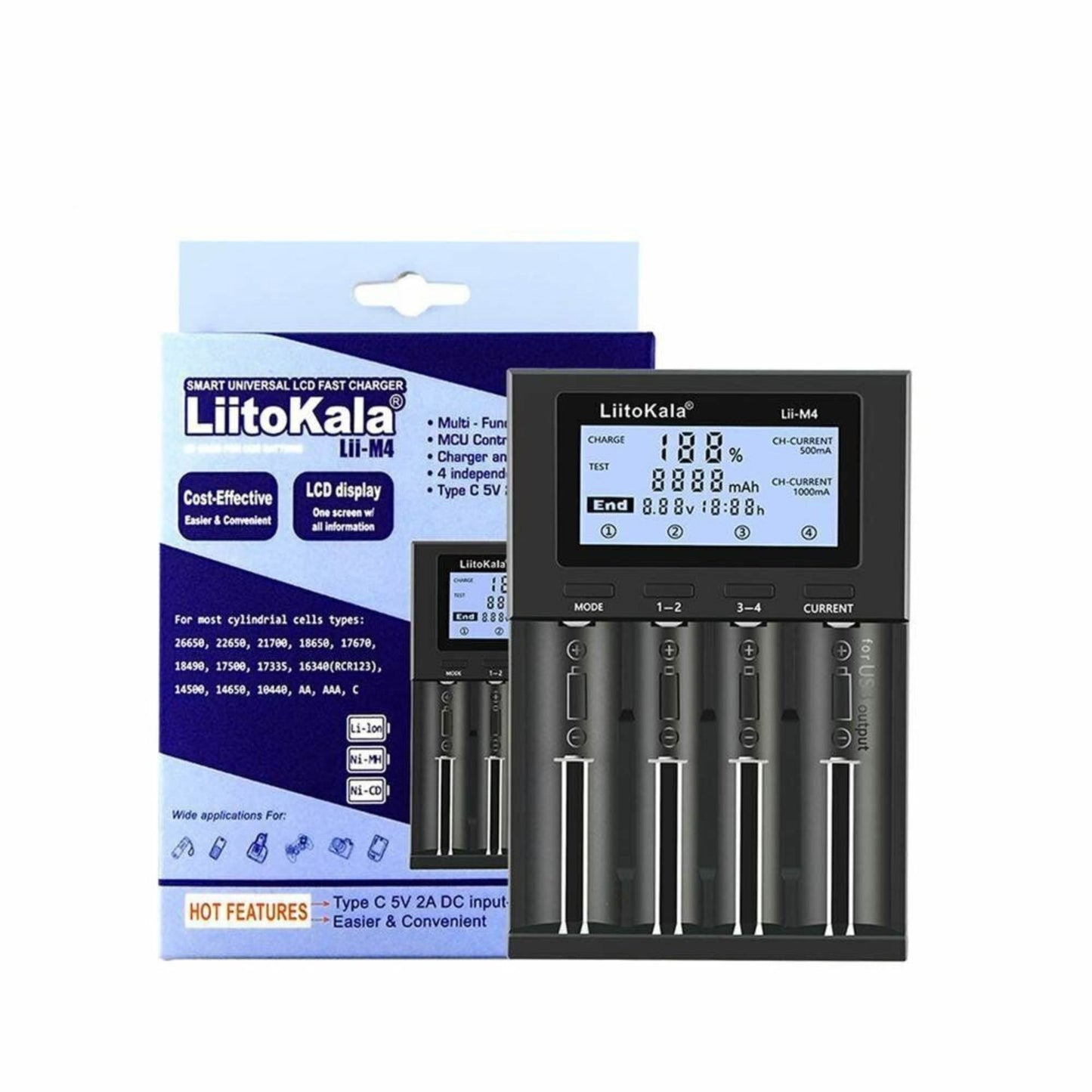 LiitoKala Lii-M4 Smart Battery Charger – 4-Slot LCD Type-C with USB Output