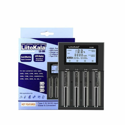 LiitoKala Lii-M4 Smart Battery Charger – 4-Slot LCD Type-C with USB Output