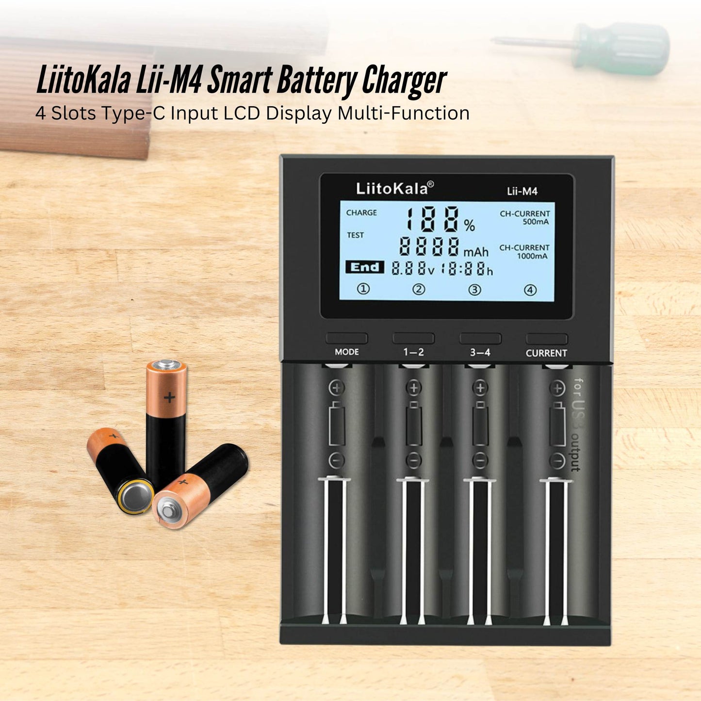 LiitoKala Lii-M4 Smart Battery Charger – 4-Slot LCD Type-C with USB Output