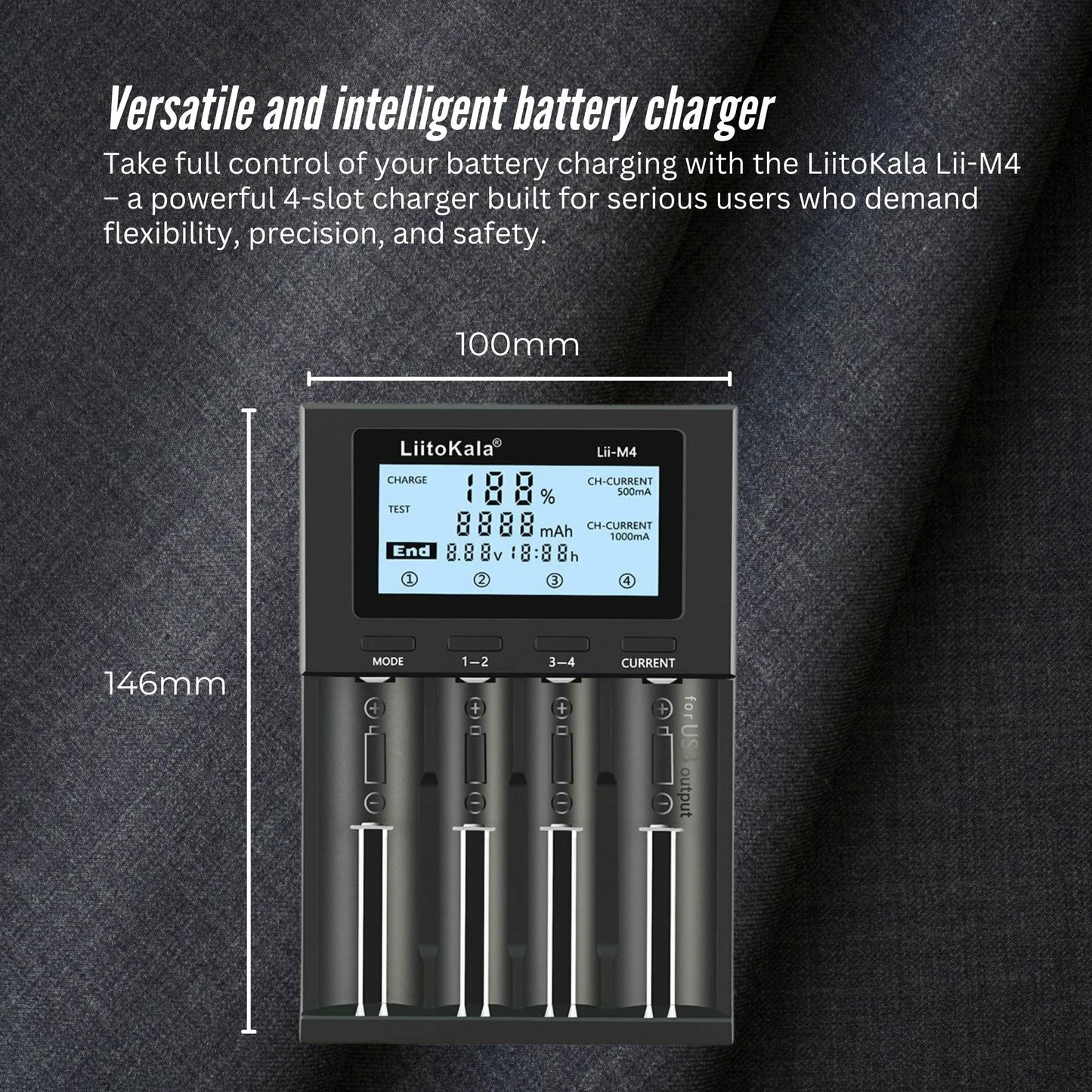 LiitoKala Lii-M4 Smart Battery Charger – 4-Slot LCD Type-C with USB Output