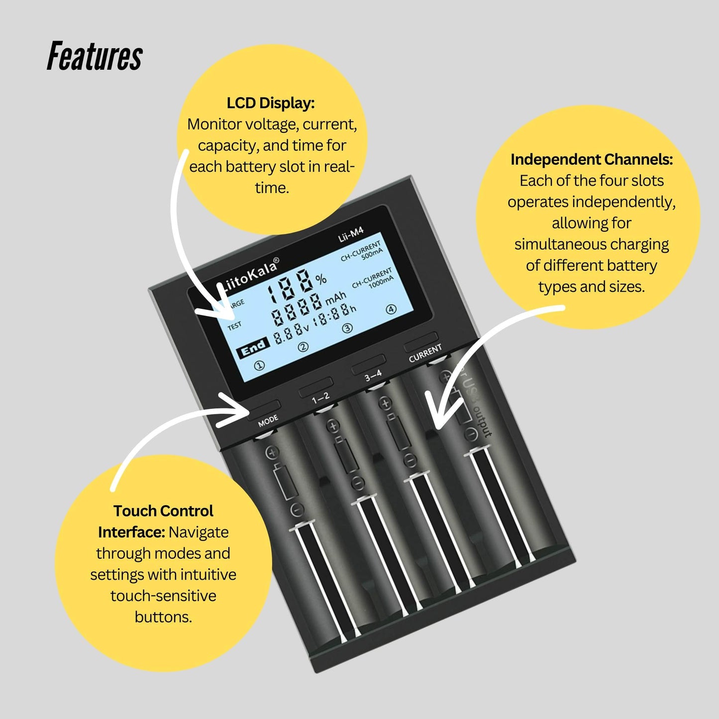 LiitoKala Lii-M4 Smart Battery Charger – 4-Slot LCD Type-C with USB Output