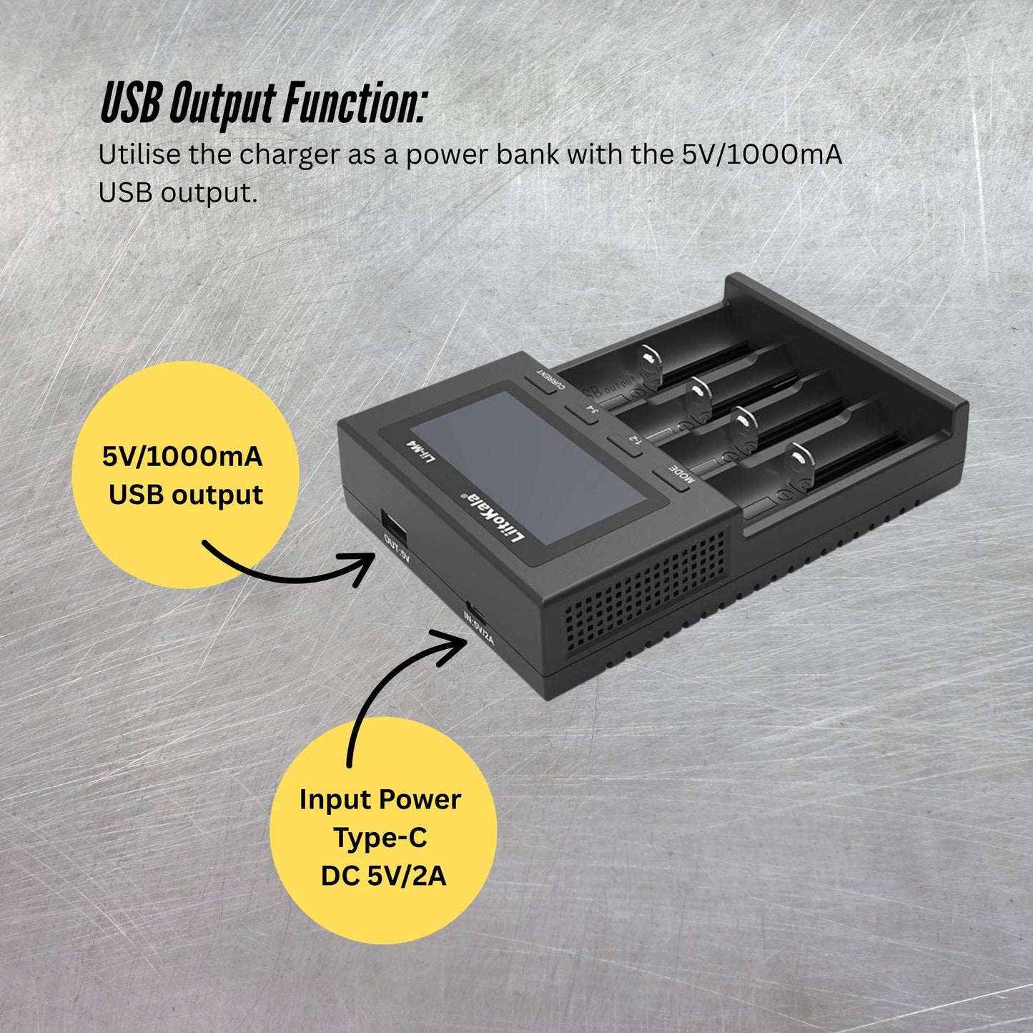LiitoKala Lii-M4 Smart Battery Charger – 4-Slot LCD Type-C with USB Output