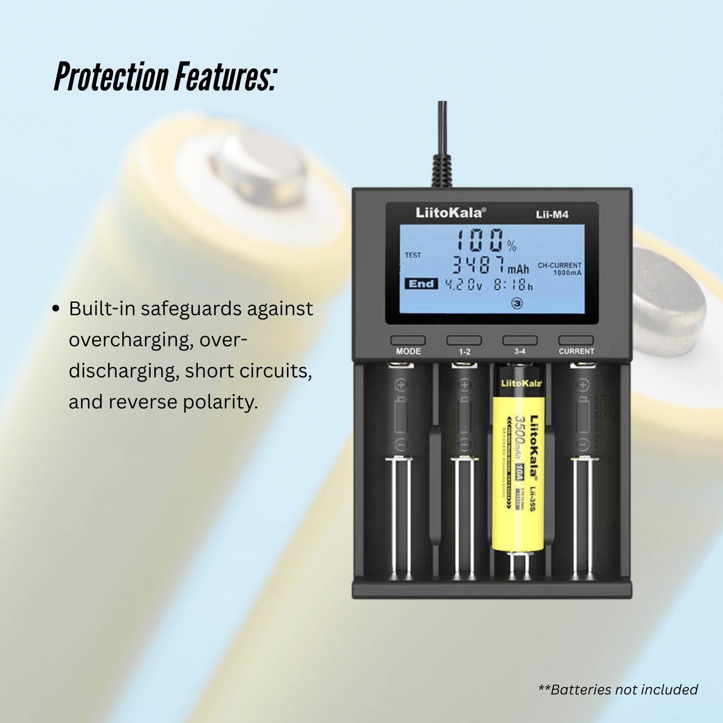 LiitoKala Lii-M4 Smart Battery Charger – 4-Slot LCD Type-C with USB Output
