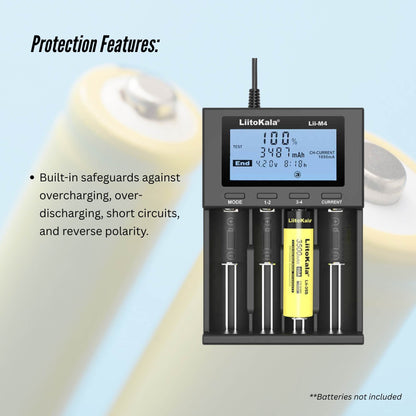 LiitoKala Lii-M4 Smart Battery Charger – 4-Slot LCD Type-C with USB Output