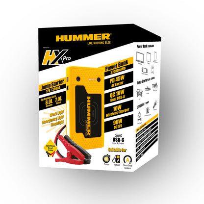 Hummer HX Pro jump starter connected to a car battery