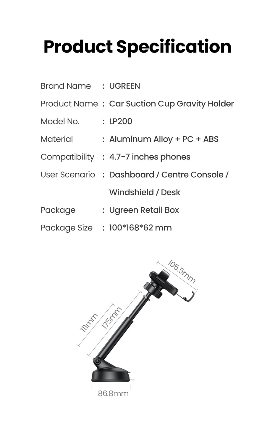 Gravity Phone Holder with Suction Cup | Car Dashboard Mount - AutoTech
