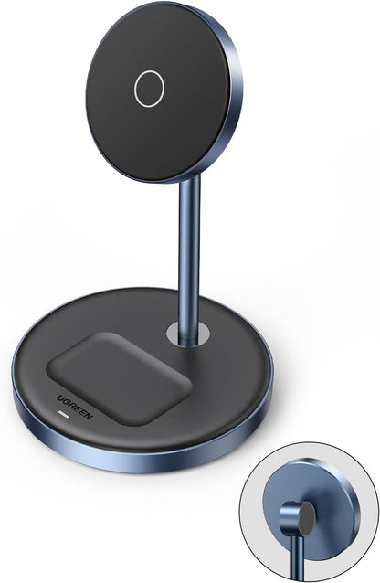 UGREEN 2-in-1 Magnetic Wireless Charging Station for iPhone & AirPods – MagSafe Compatible, Adjustable Stand