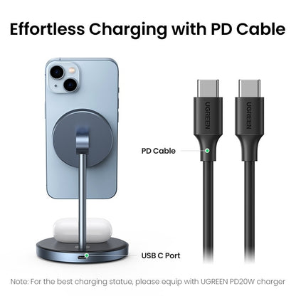 UGREEN 2-in-1 Magnetic Wireless Charging Station for iPhone & AirPods – MagSafe Compatible, Adjustable Stand