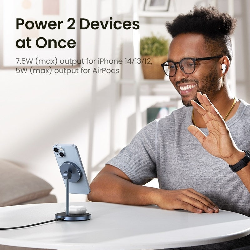 UGREEN 2-in-1 Magnetic Wireless Charging Station for iPhone & AirPods – MagSafe Compatible, Adjustable Stand