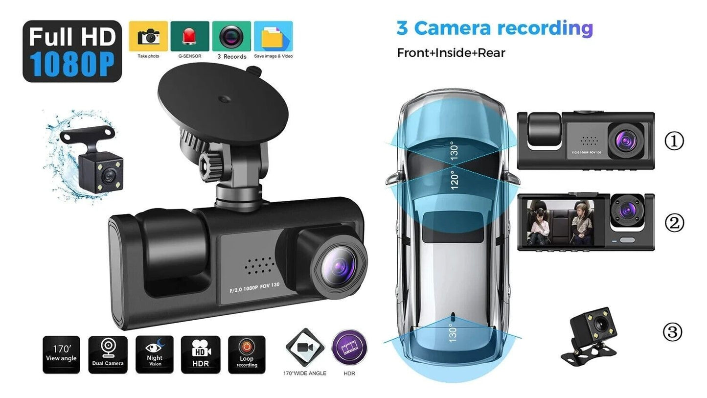 BDI C309 3 Camera Dash Cam, 1080P Front, 720P Inside, 480P Rear