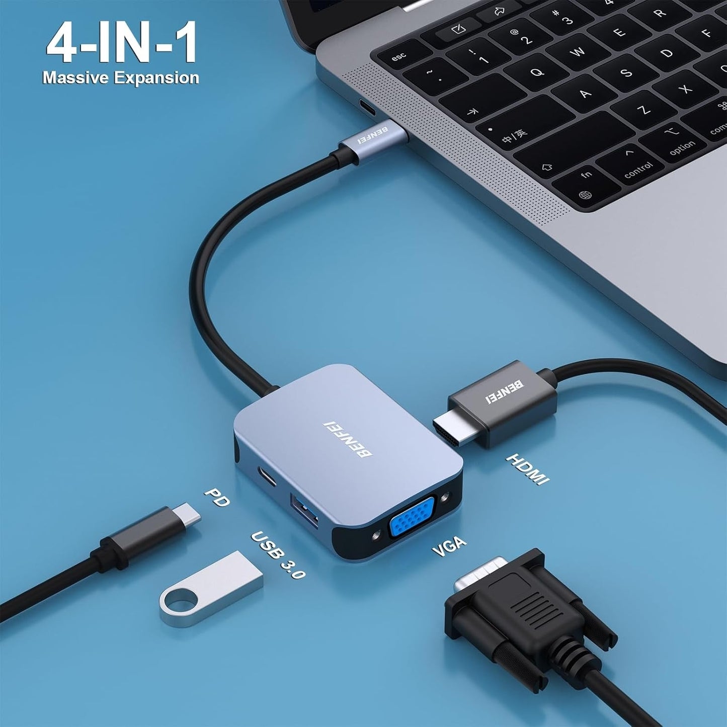 BENFEI USB-C Hub 4-in-1 Adapter – HDMI, VGA, USB 3.0