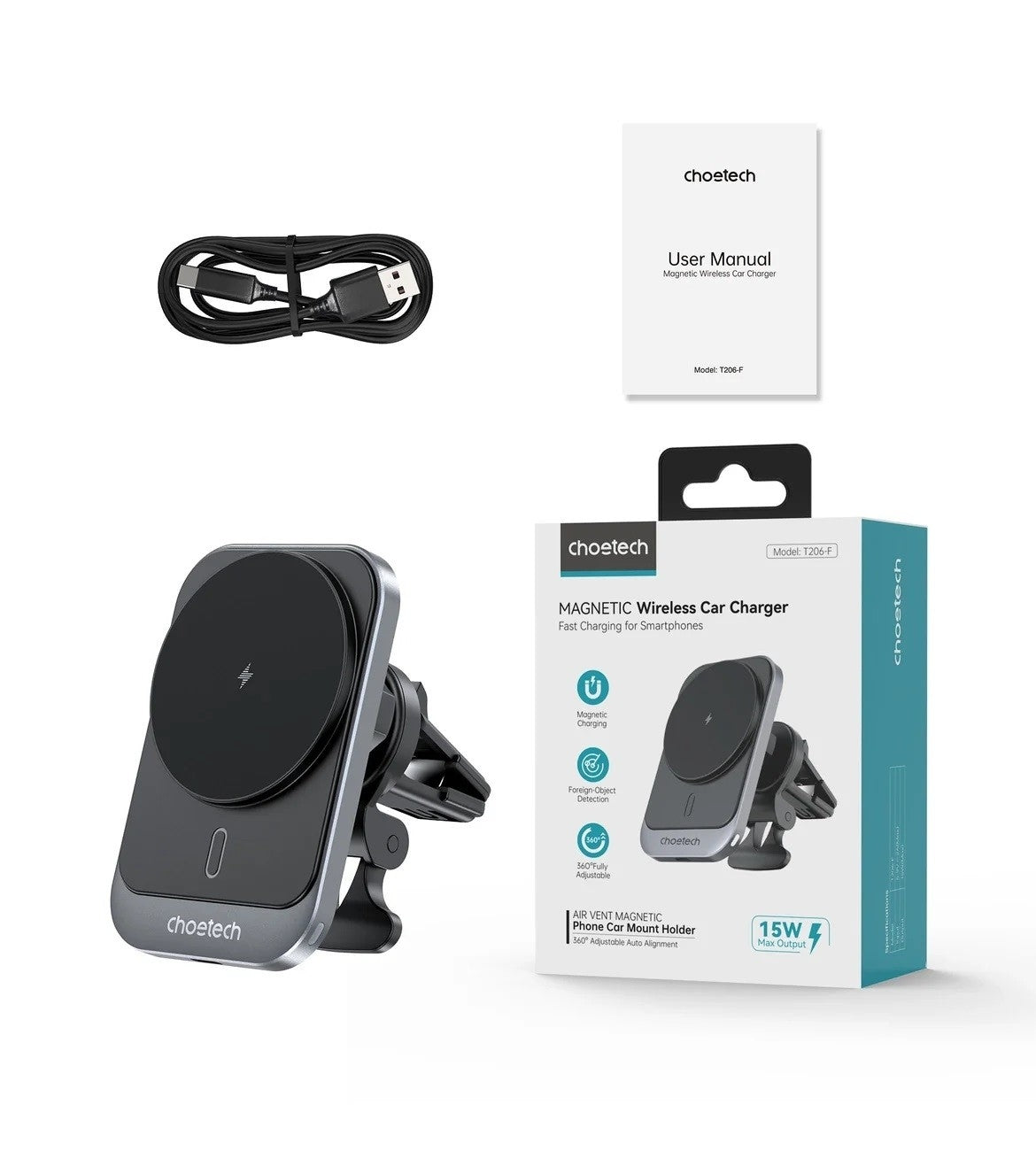 CHOETECH T206-F 15W Magnetic Car Charger Mount – Air Vent Phone Holder