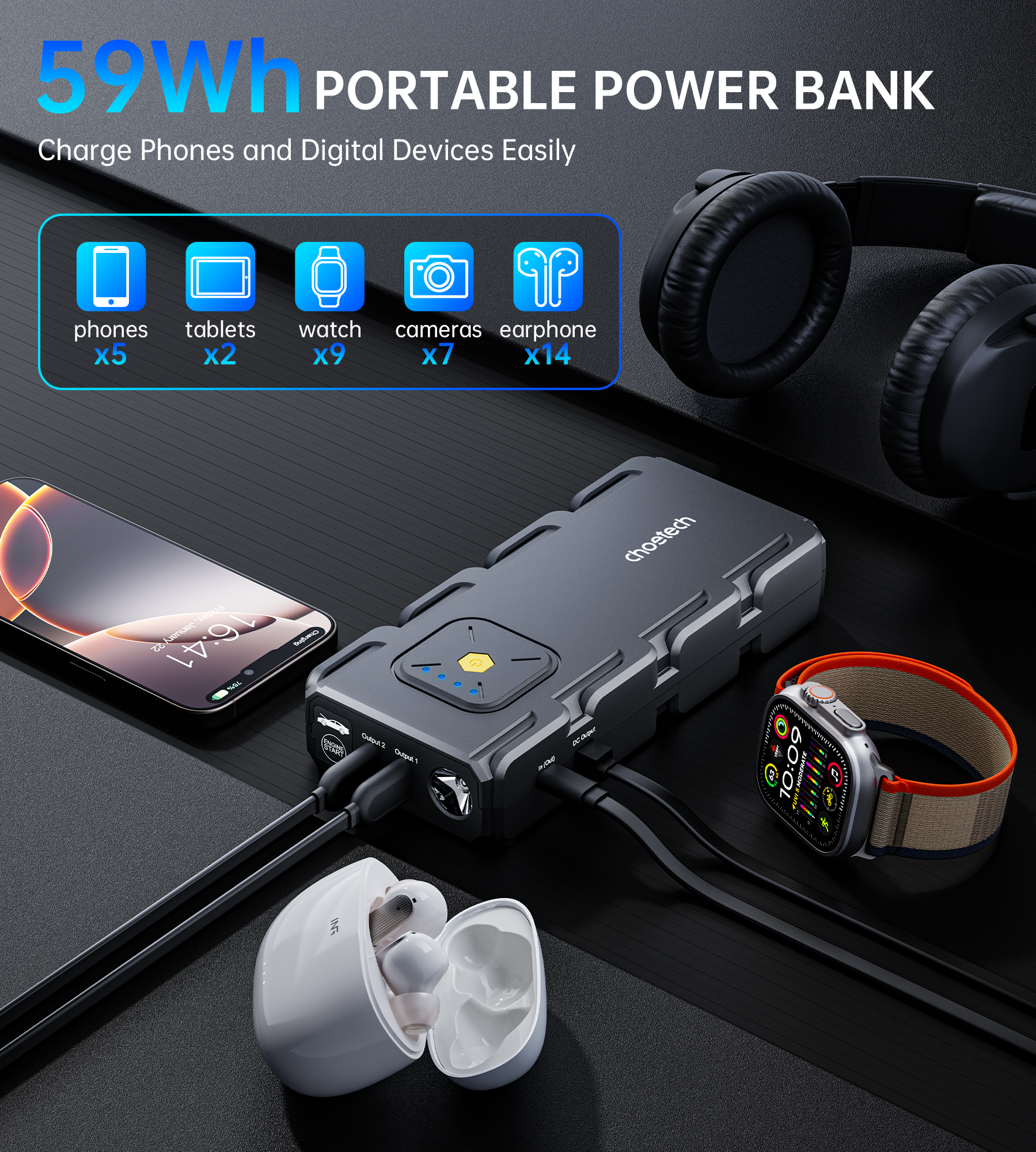CHOETECH jump starter power bank charging a phone