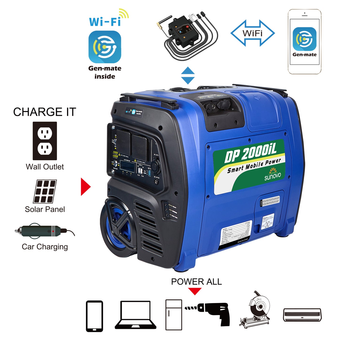 Sunovo 2000W power station AC and USB outlets