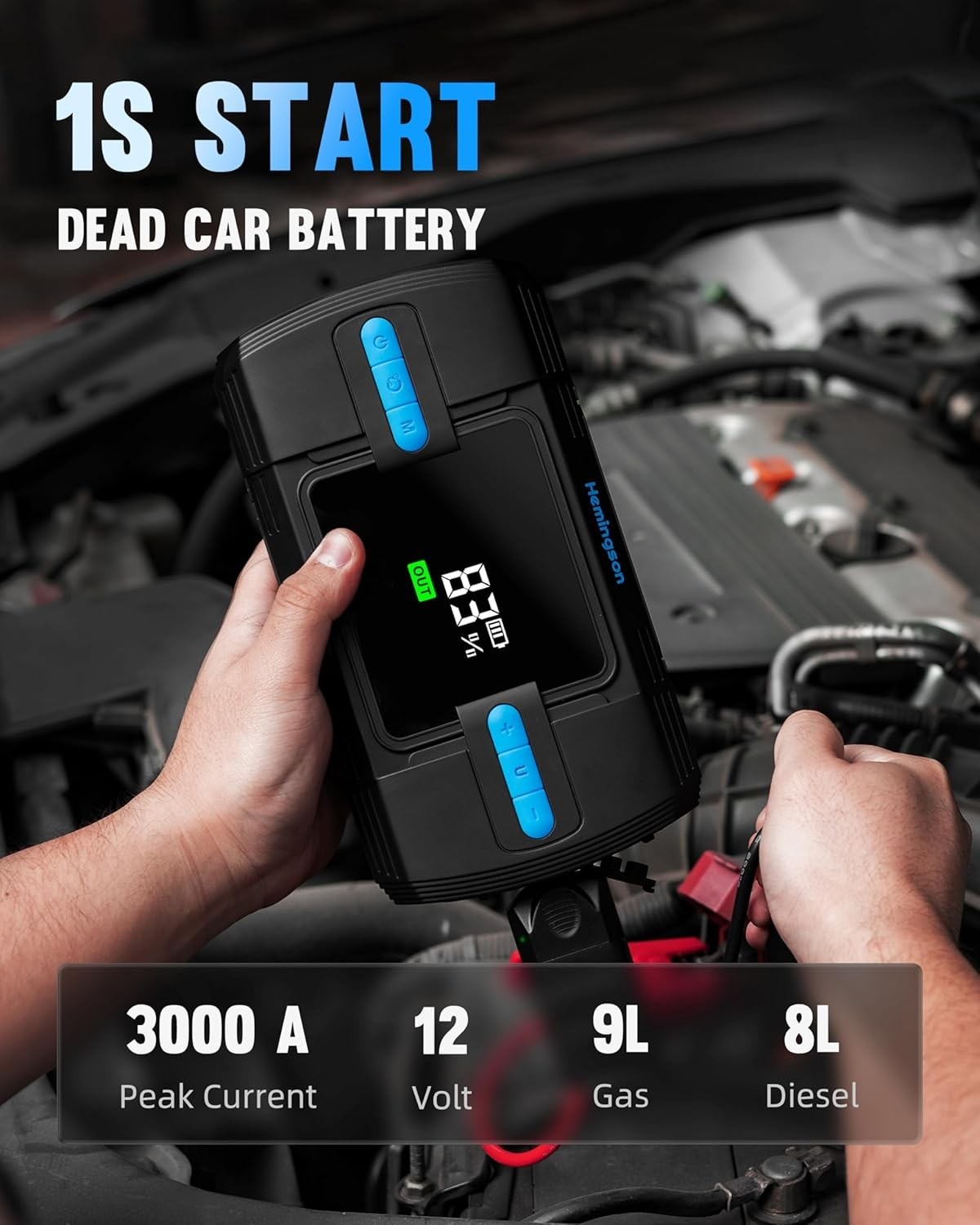 Hemingson jump starter inflating a car tyre