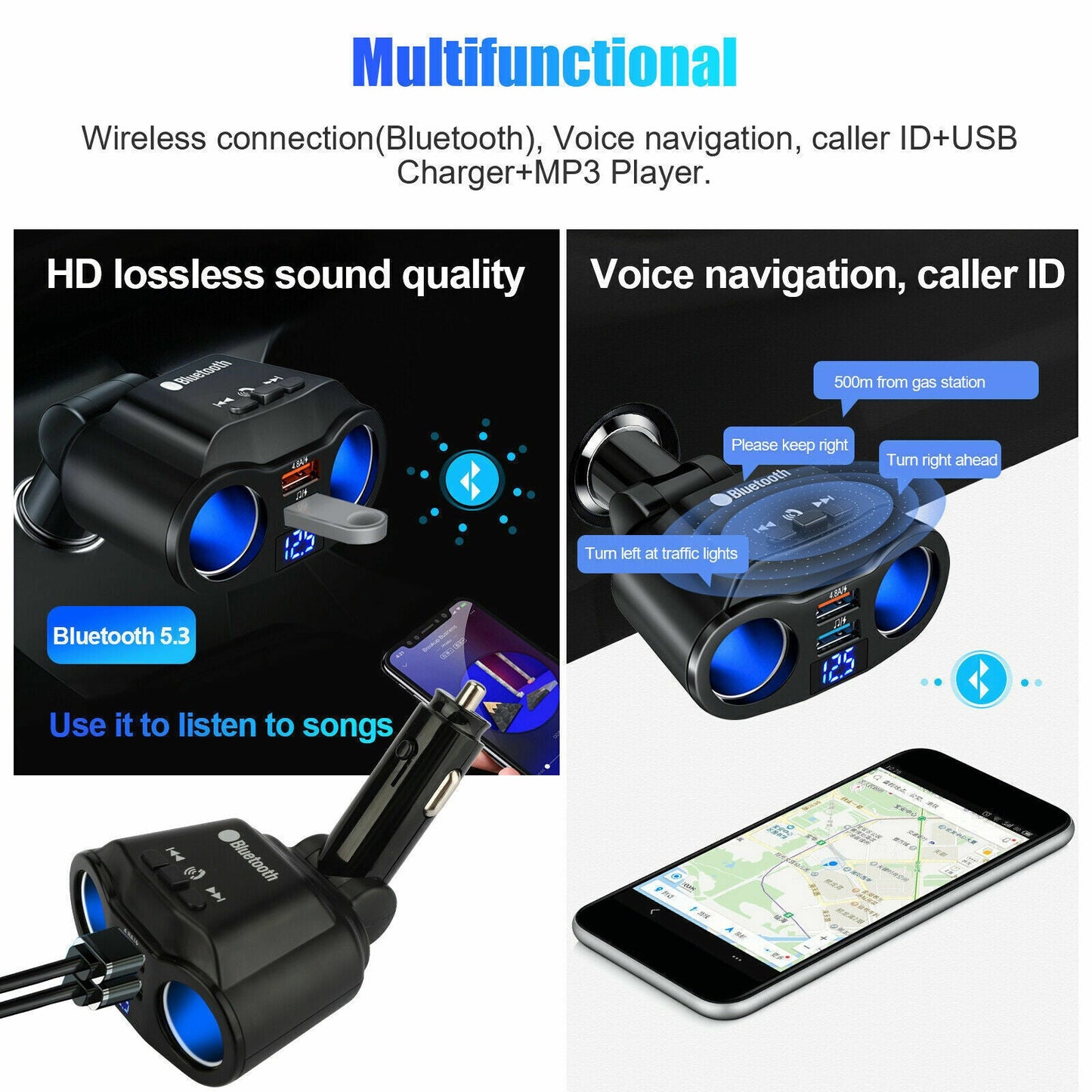Bluetooth 5.3 FM Transmitter, Dual USB Car Charger, Splitter and MP3 Player