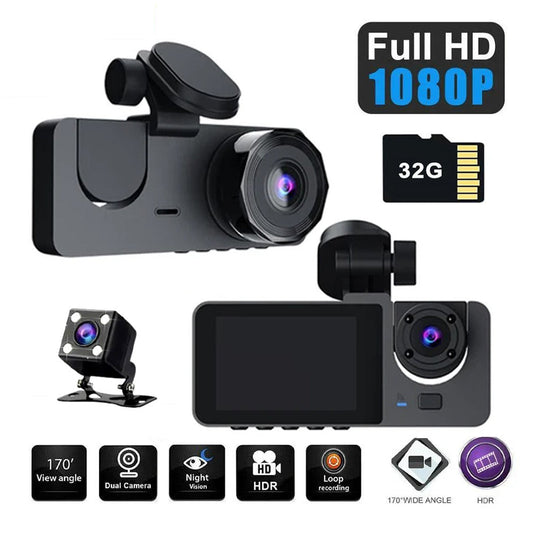 3-Channel Dash Cam – 1080P HD Car DVR with Front, Rear & Interior Cameras + 32GB Card