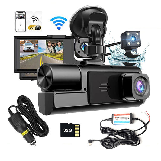 WiFi 3-Channel Dash Cam – 1080P Full HD with Night Vision, Hardwire Kit & 32GB Card
