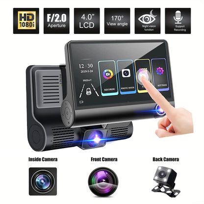 Triple Lens Dash Cam – 1080P HD Front, Cabin & Rear with 4-Inch Touch Screen