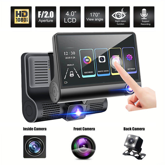 Triple Lens Dash Cam – 1080P HD Front, Cabin & Rear with 4-Inch Touch Screen