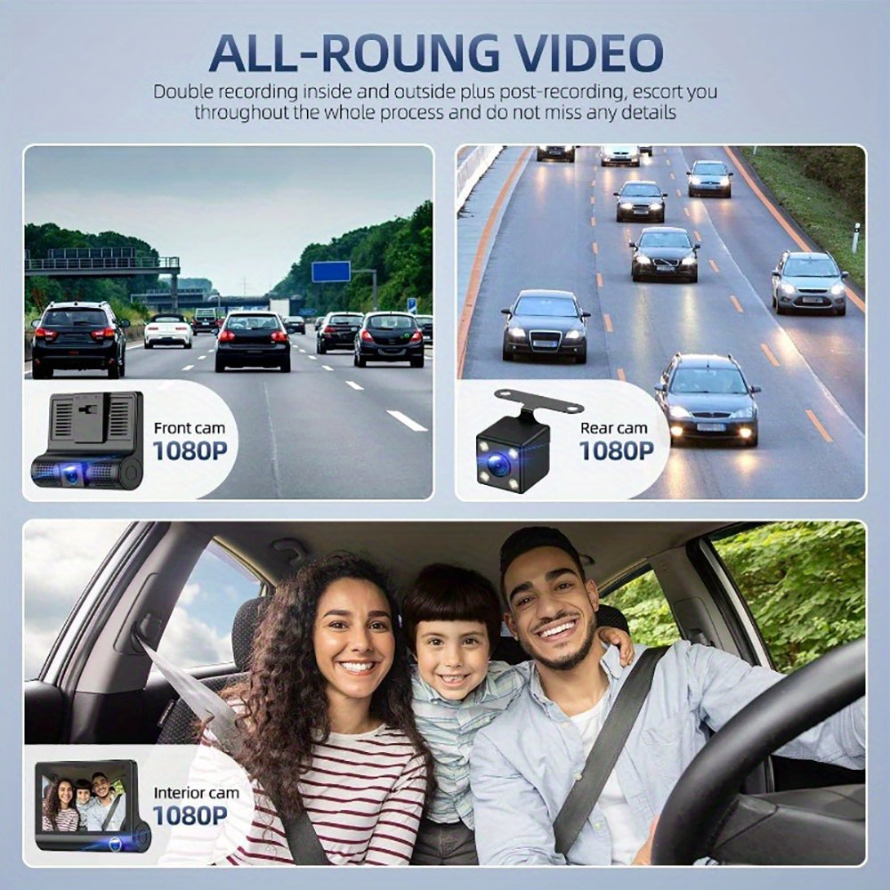 Triple Lens Dash Cam – 1080P HD Front, Cabin & Rear with 4-Inch Touch Screen