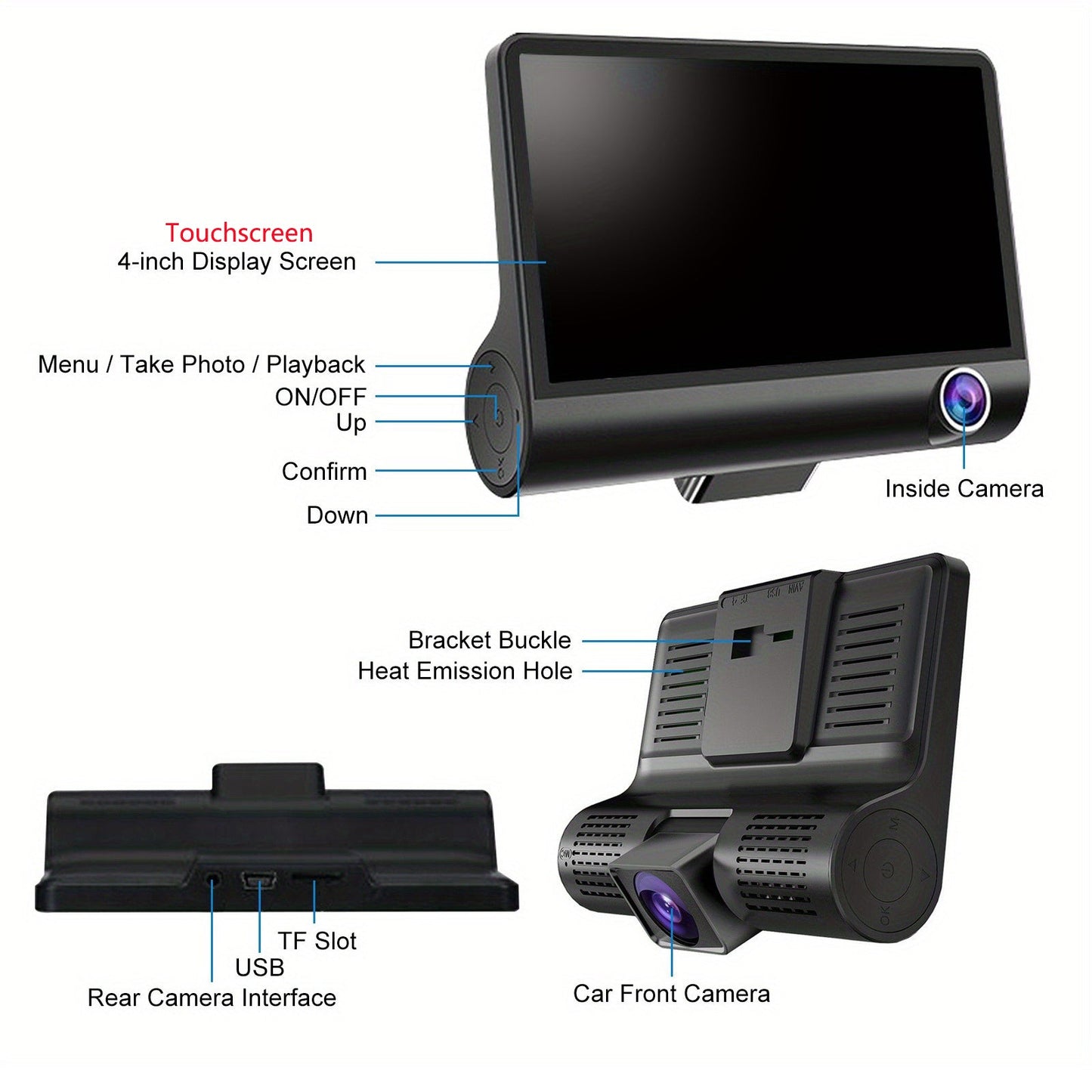 Triple Lens Dash Cam – 1080P HD Front, Cabin & Rear with 4-Inch Touch Screen